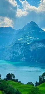 Serene mountain lake with blue sky and greenery.