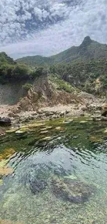 Serene mountain lake with lush greenery and rocky terrain.