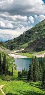 Scenic mobile wallpaper with a serene mountain lake and lush green landscape.