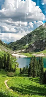 Scenic green mountain lake with starry sky and clouds.