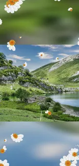 Scenic mountain lake with daisies floating around.