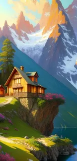 Cozy cabin with mountain scenic view, vibrant flowers, and tranquil lake.