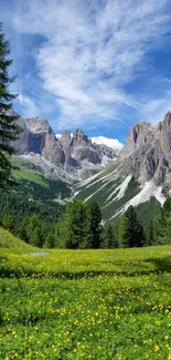 Vibrant mountain landscape with lush greenery and majestic peaks under blue skies.