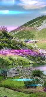 Scenic mountain landscape with lake and colorful sky gradients.