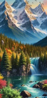 Majestic mountain scene with waterfall, forest, and vibrant autumn colors.