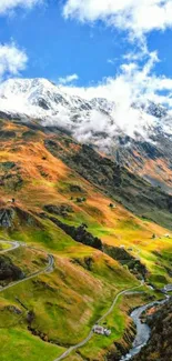 Scenic mobile wallpaper of green valleys with snow-capped mountains.