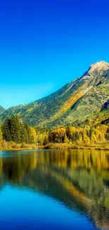 Scenic mountain landscape with blue skies and reflective lake.