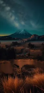 Scenic mountain landscape with mist and glowing fields.