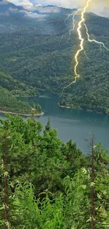 Mobile wallpaper of mountains, lake, and lightning.