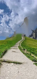 Stone path leading up a green hill under a blue sky.