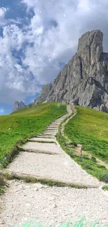 Path climbing a grassy mountain under a cloudy sky.