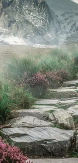 Scenic mountain path with lush greenery and wildflowers.