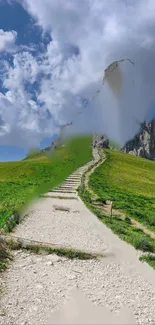 Scenic mountain path with green hills and cloudy sky.