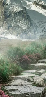 Path leading through lush greenery to snowy mountains.