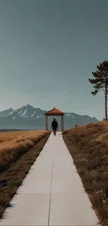 A person walking towards a mountain on a scenic pathway.
