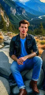 Man in casual outfit sitting against a scenic mountain backdrop.