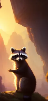 Raccoon in a serene mountain landscape at sunset.