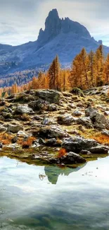 Mountain reflection in calm lake with autumn trees.