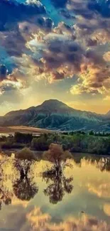 Mountain landscape with blue sky reflection.