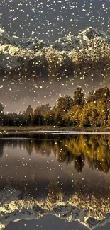 Snow-capped mountains reflecting in a tranquil lake, surrounded by autumn trees.