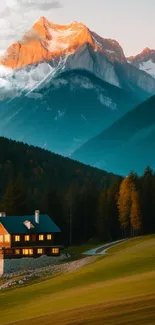 Serene mountain landscape at sunset with cozy house in foreground.