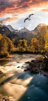 Scenic mountain river at sunset with autumn colors and bird in flight.