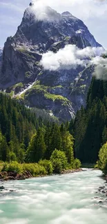 Majestic mountain and river landscape wallpaper with lush greenery.