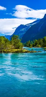 Mountain river flowing under blue sky.