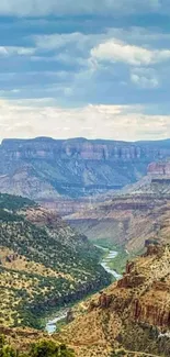 Scenic river canyon view with mountains and sky.