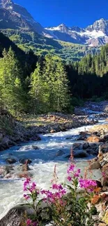 A serene mountain river flowing through lush greenery and vibrant flowers.