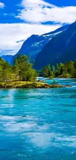 Mountain river with clear blue water and lush green forest under a vibrant sky.