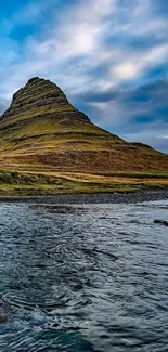 Mountain and river with blue sky landscape wallpaper.