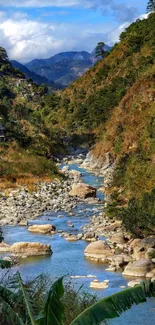 Scenic mountain river flowing through lush green valley.