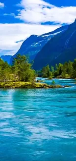 Scenic river and mountain landscape with vibrant blue sky.