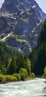 Breathtaking mountain and river scene with lush forests.