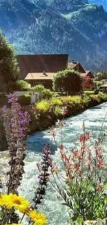 Scenic view of a mountain river with colorful flowers in the foreground.