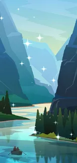 Scenic mountain river under starry sky.