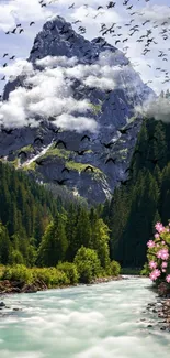 Mountain river scene with trees and flowers.