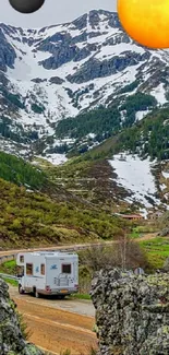 RV travels through scenic mountain landscape under unique sky.