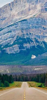 Scenic road leading to towering blue mountains and lush forests.