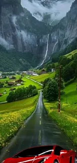 Scenic mountain road with red car and waterfalls.