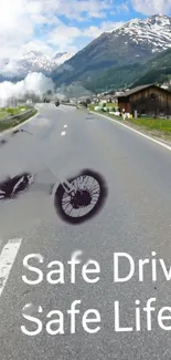 Mountain road with safe drive message and motorcycle.