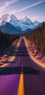 Scenic road leading to snowy mountains under a purple sky.