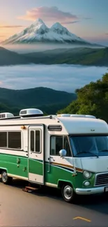 Retro RV against majestic mountain backdrop.