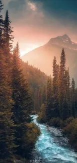 Scenic mountain stream with vibrant sunrise and lush pine forest.