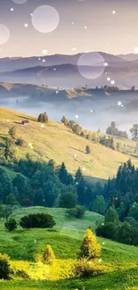 Peaceful mountain sunrise with lush green hills and misty valleys.