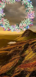 Serene mountain landscape with floral wreath at sunset.