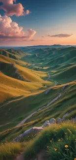 Scenic sunset over rolling green hills and valleys with colorful sky.