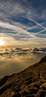 Breathtaking sunset over mountains with clouds and sky colors.