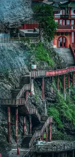 Mountain pathway leading to a temple with lush greenery.